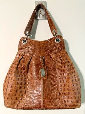 Prune Croc-Embossed Leather Hobo Tote Shoulder Bag Cognac Brown